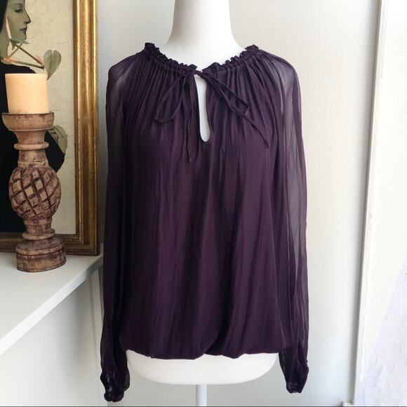 Ramy Brook Purple Gathered Tie-Neck Silk Blouse - Picture 1 of 7